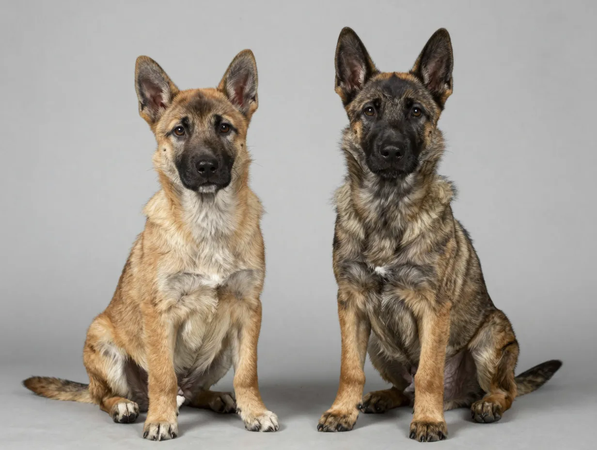 Two hybrid sibling puppies from the same litter with contrasting appearances