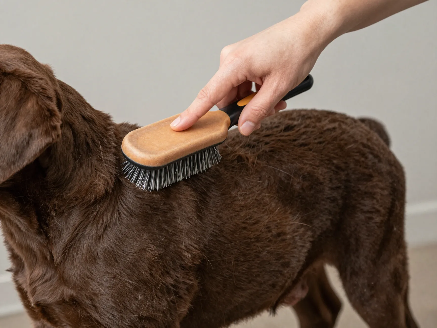 A person brushing a chocolate lab puppy coat with a rubber curry brush