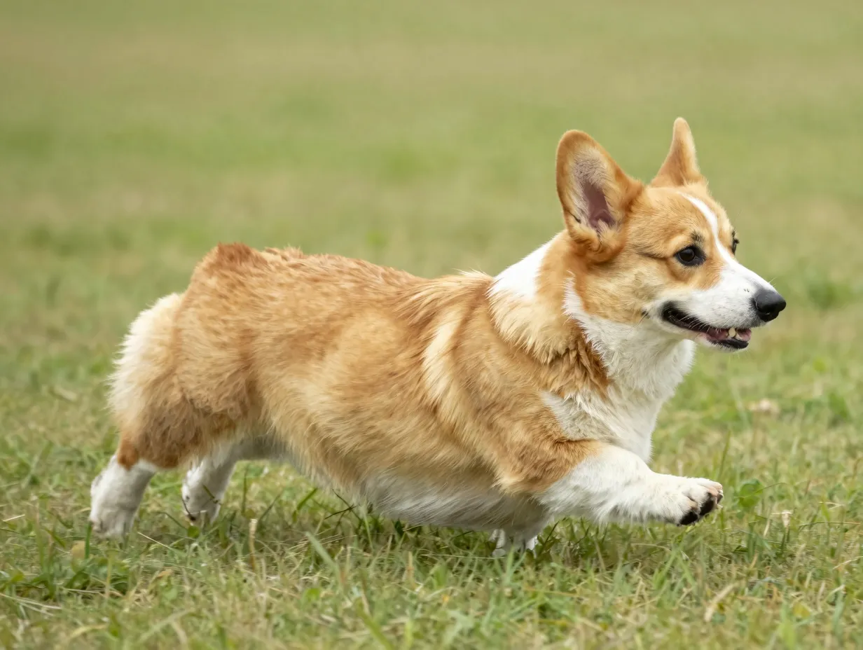 Corgi with short legs and big ears herding in field