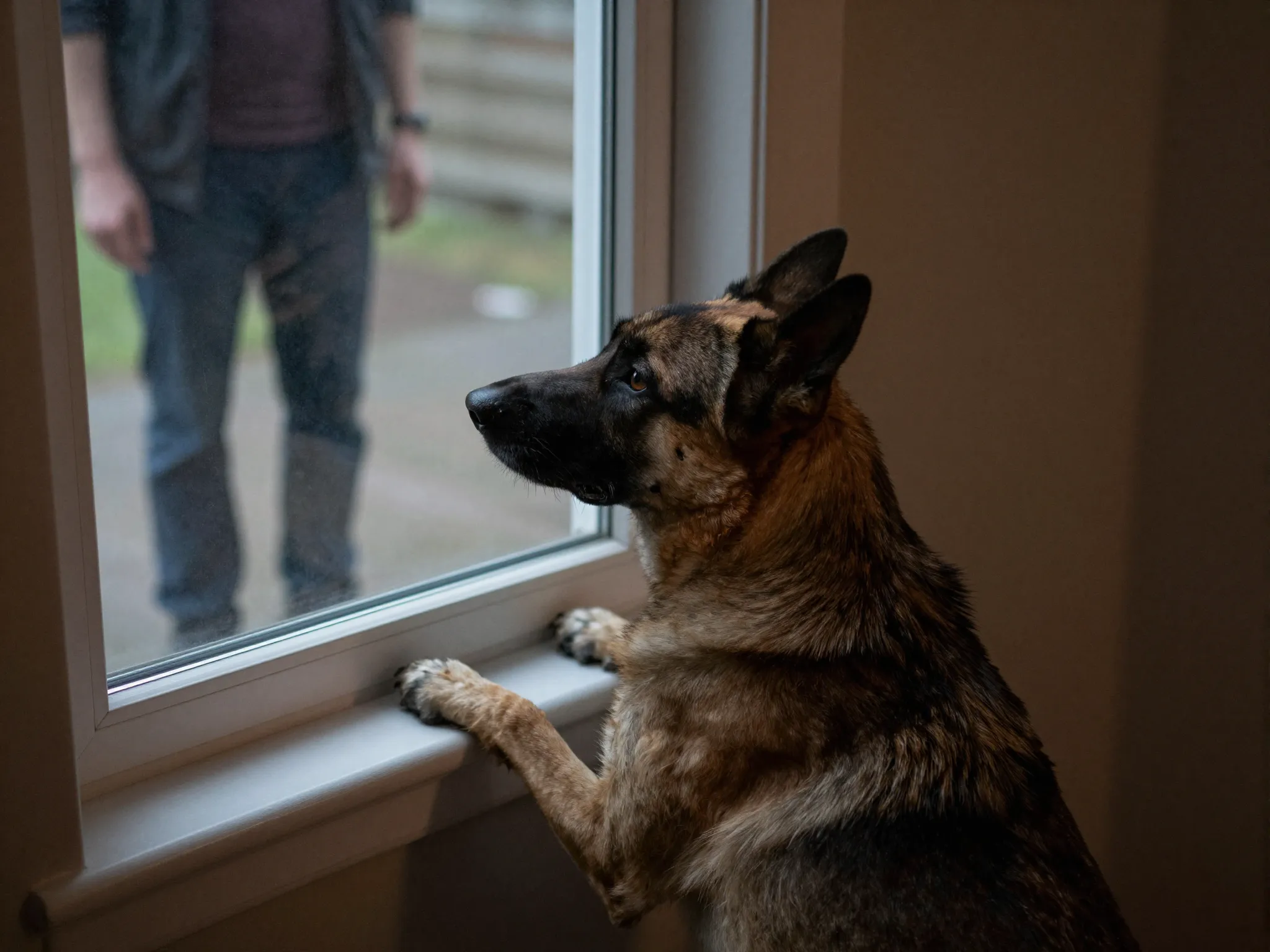 Dog experiencing separation anxiety watching owner leave through a window