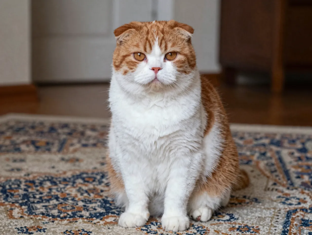 Scottish fold orange and white cat sitting in buddha position on rug