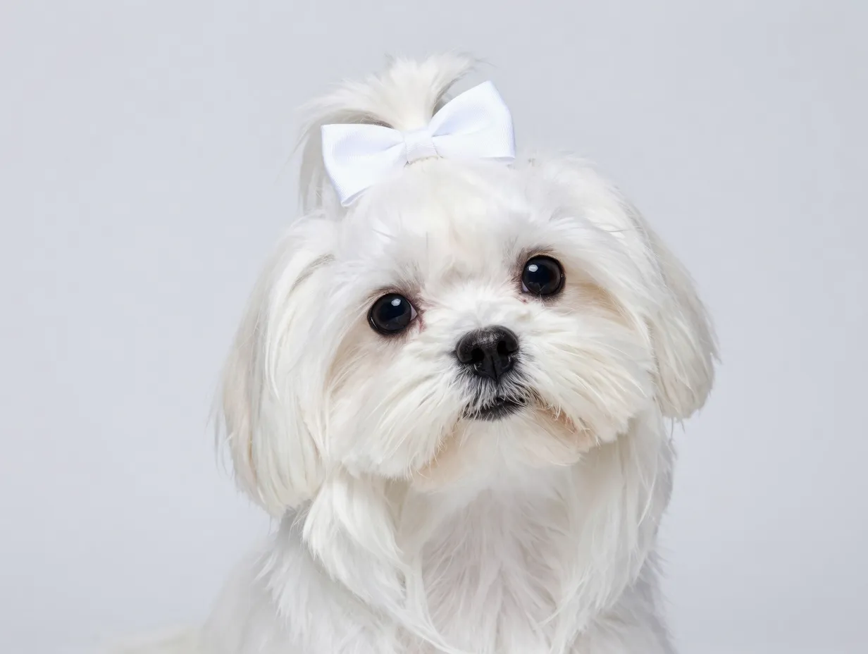 Maltese with silky white coat and dark eyes elegant portrait