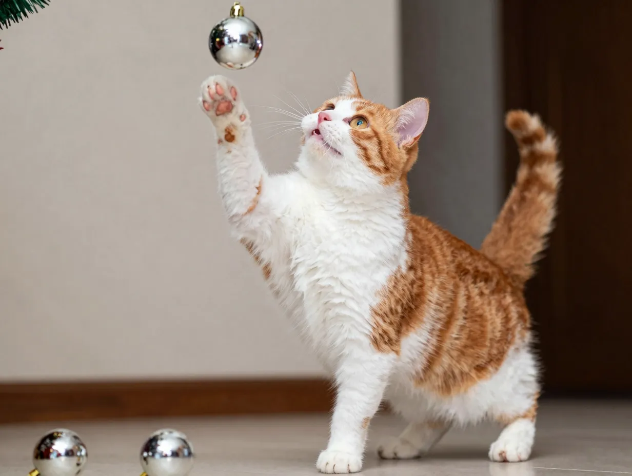 Munchkin orange and white bicolor cat reaching for shiny bauble