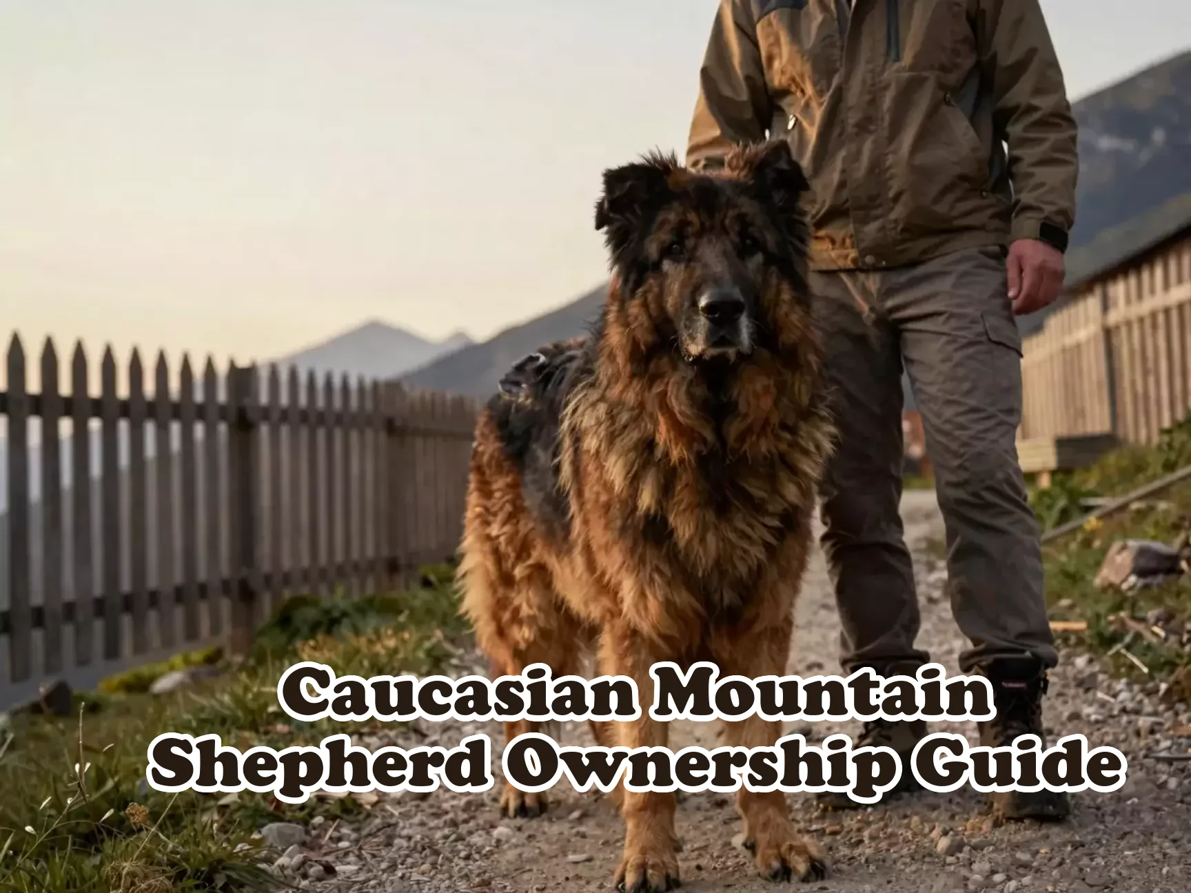 Majestic caucasian shepherd with owner on mountain path in yard main