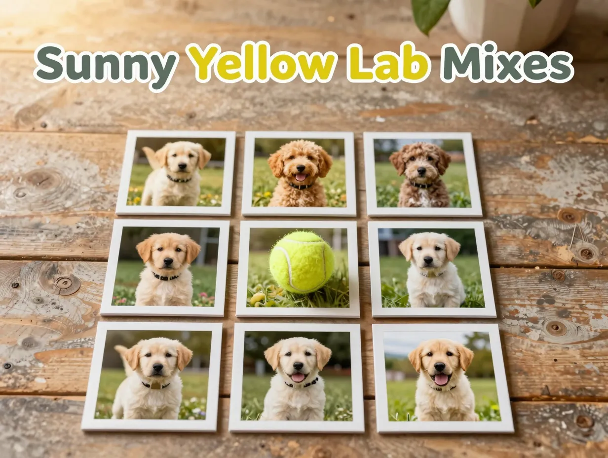 Overhead grid nine yellow lab mix puppy photos on wood floor