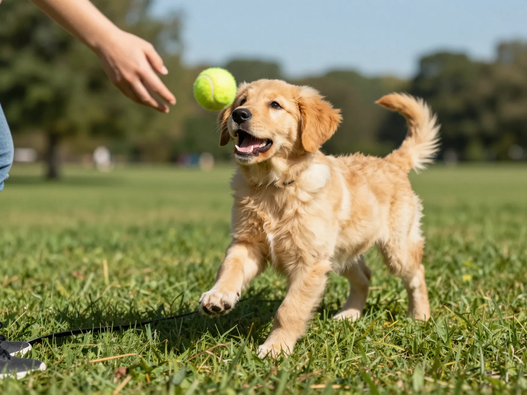 Family golden retriever and yellow lab mix puppy playing fetch outdoors