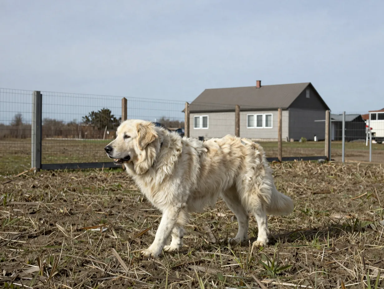 Large caucasian shepherd dog patrolling secure rural fence yard