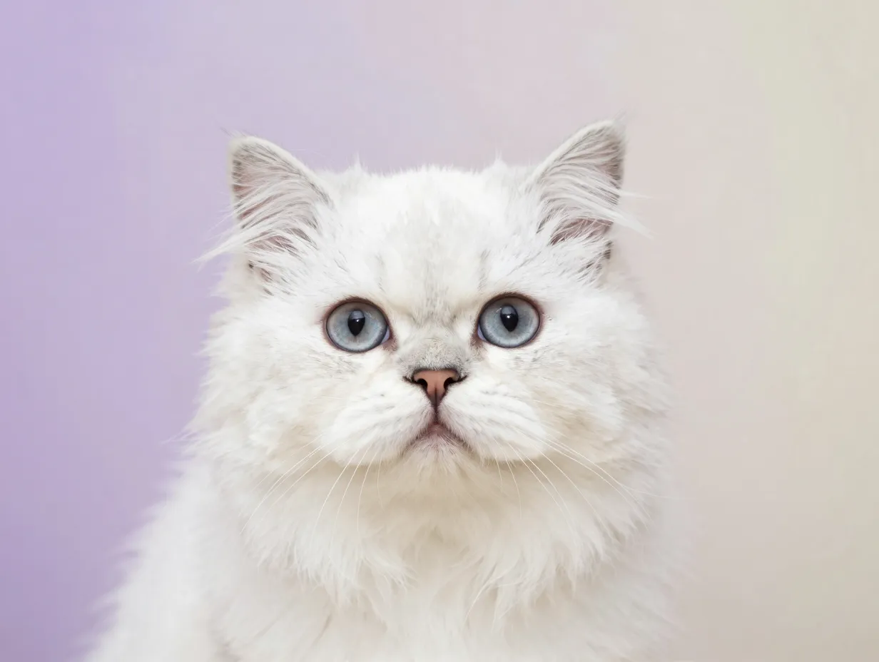 Snow white persian kitten portrait on soft lavender cream blurred background