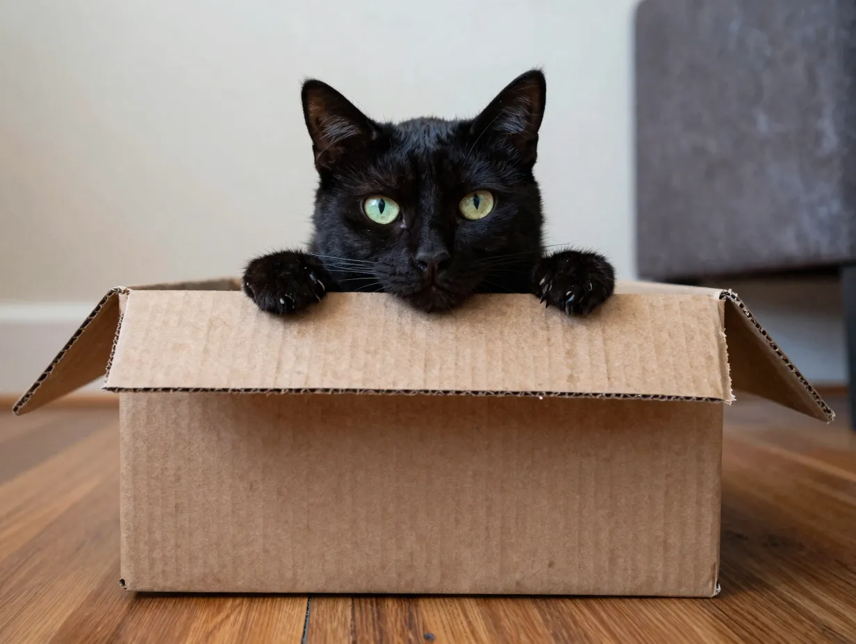 A black cat peering over the edge of a small brown cardboard box