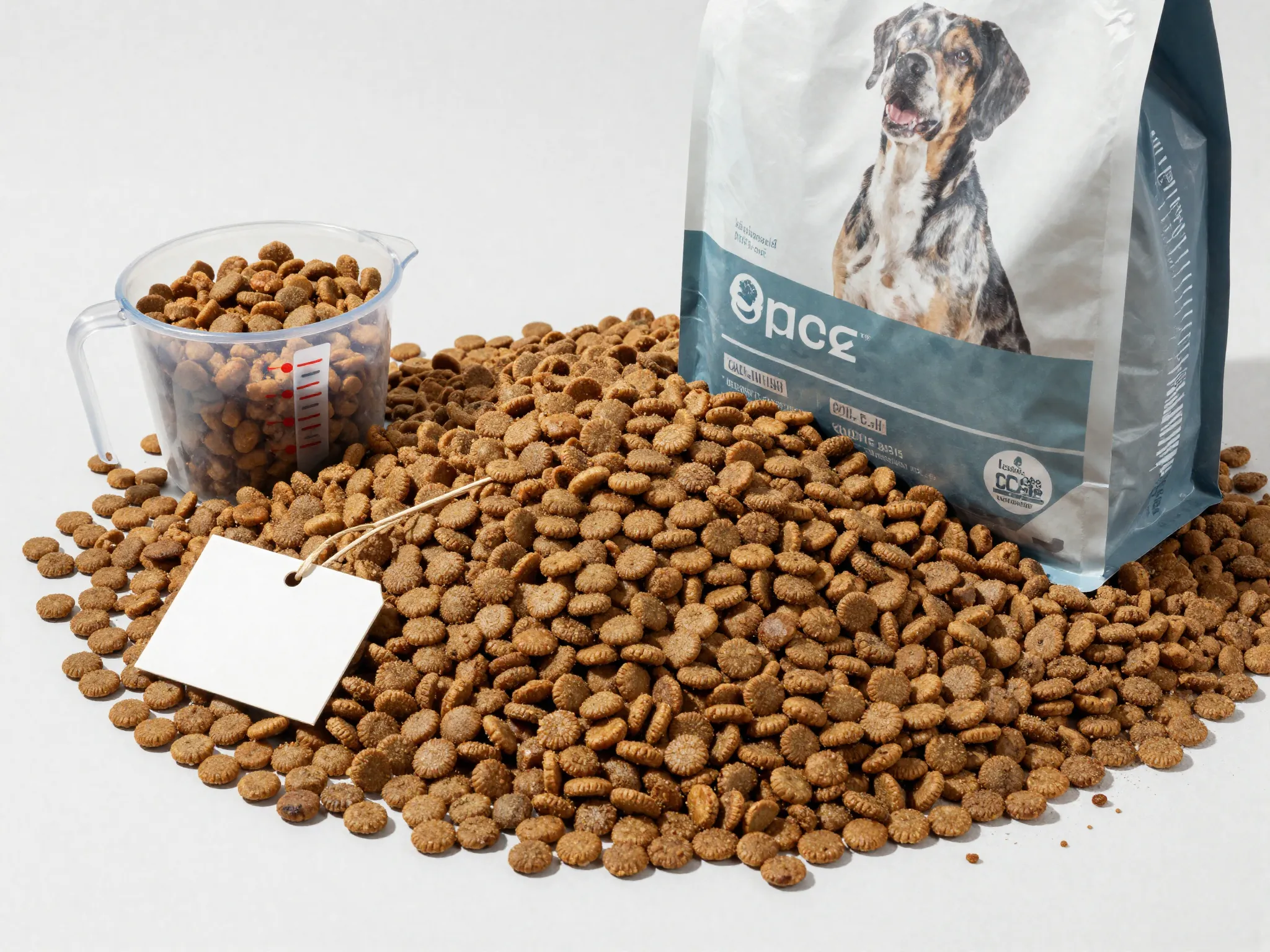 Large dog food pile next to measuring cup and empty bag