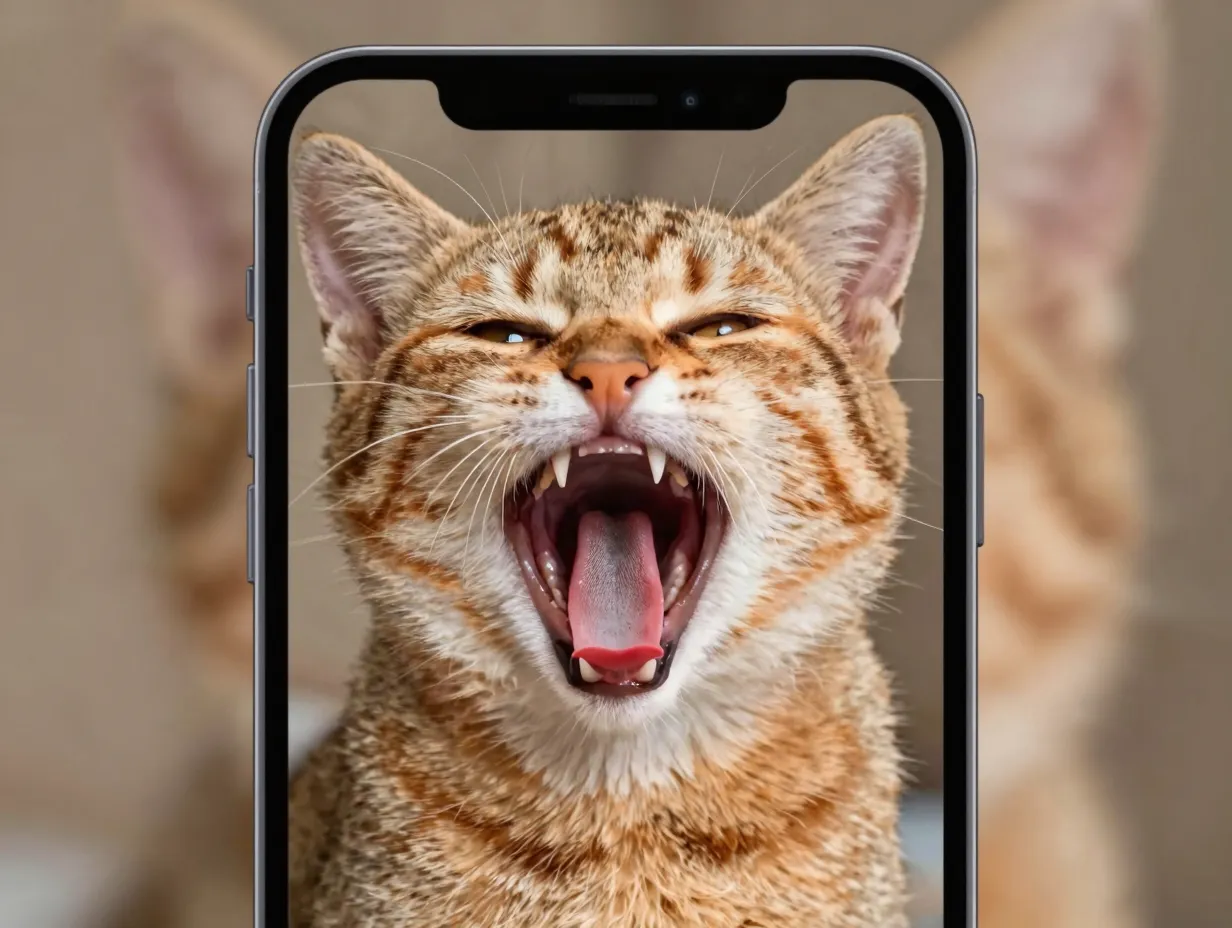 Orange and grey tabby kitten mid yawn on smartphone lock screen