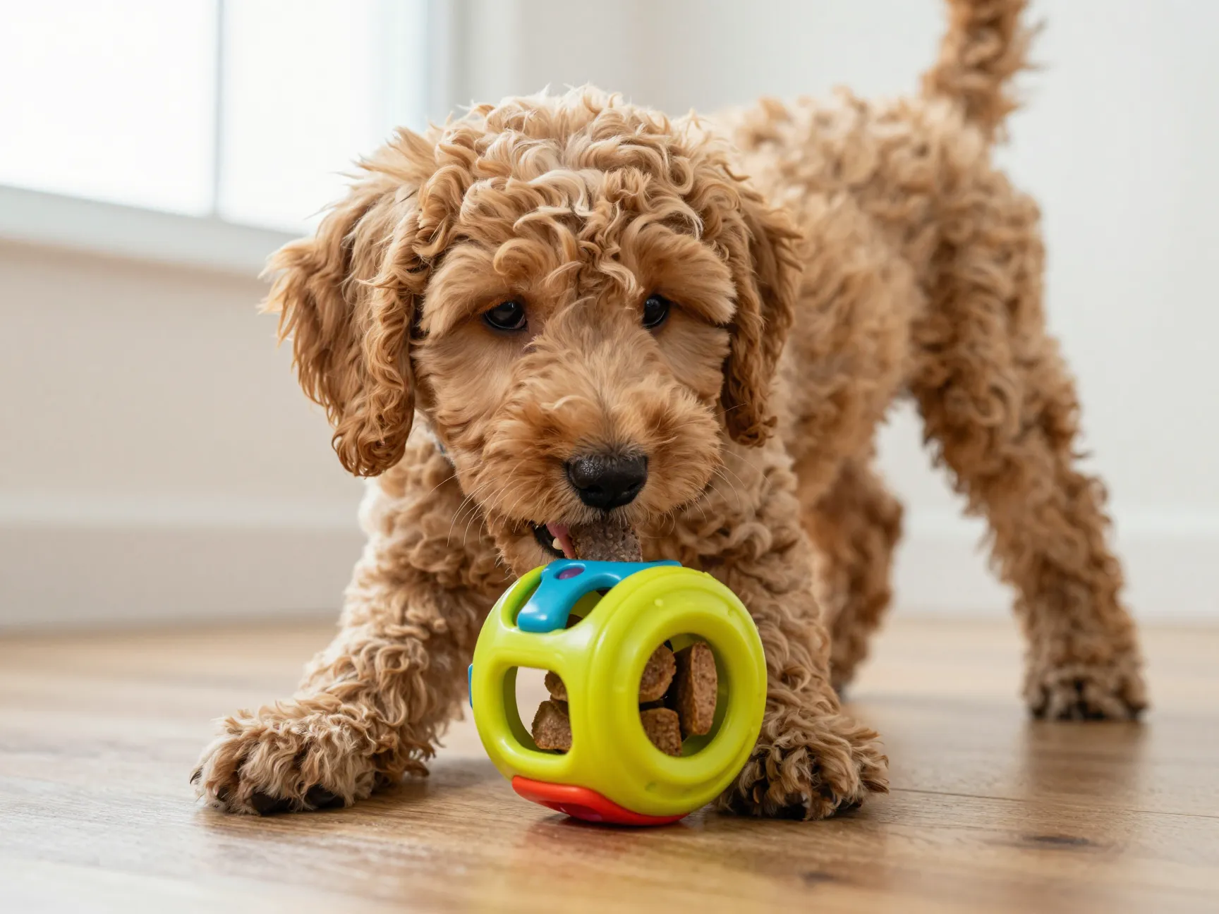Wavy coated labradoodle puppy playing with puzzle toy indoors