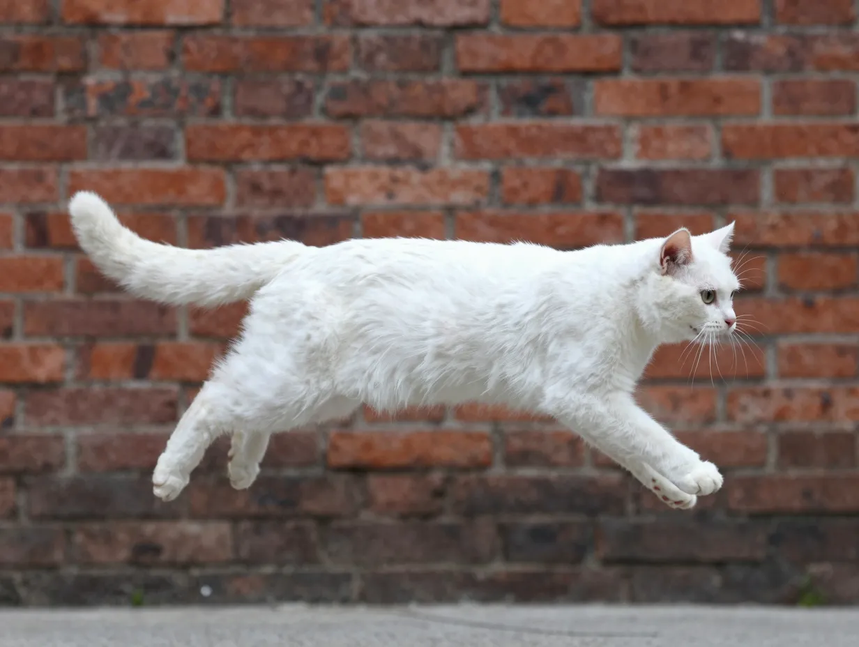 A white cat frozen mid leap against a blurred brick wall background