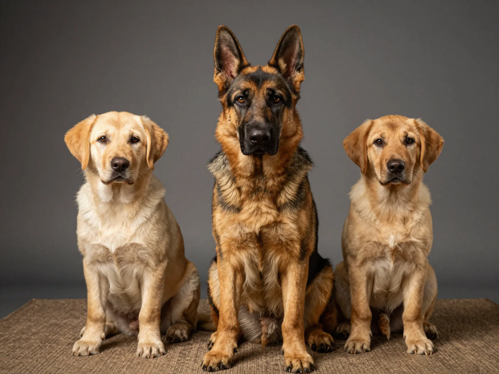 Alert german shepherd and yellow lab mix puppy sitting attentively