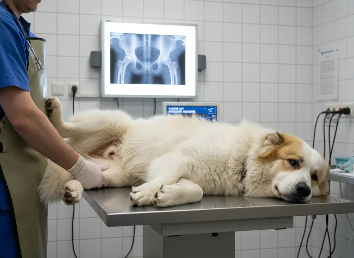 Caucasian shepherd dog veterinary exam for hip dysplasia x ray