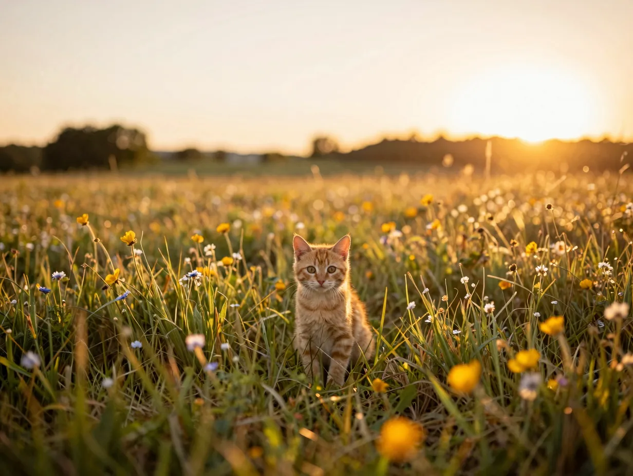 Orange kitten in golden hour meadow wildflowers wide landscape
