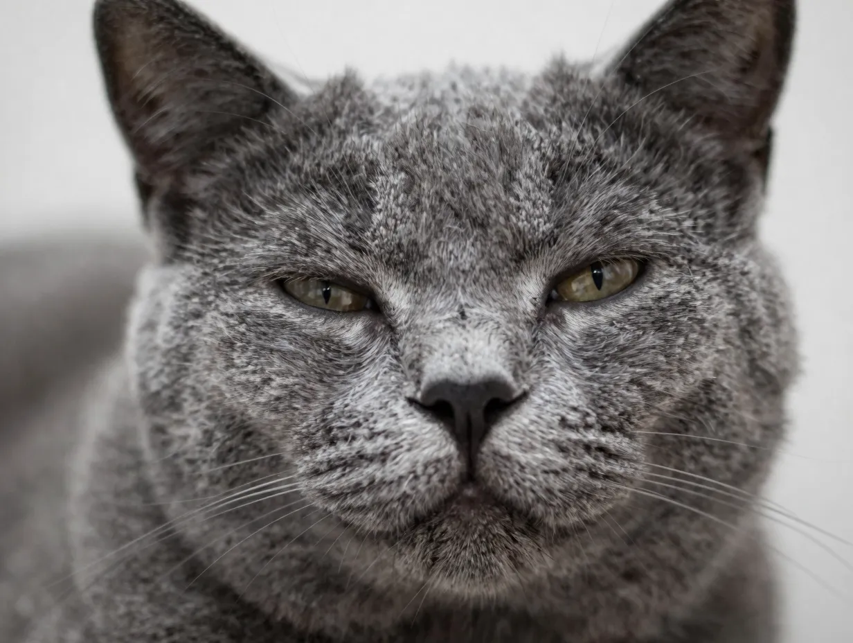 A close up portrait of a gray cat giving a slow affectionate blink