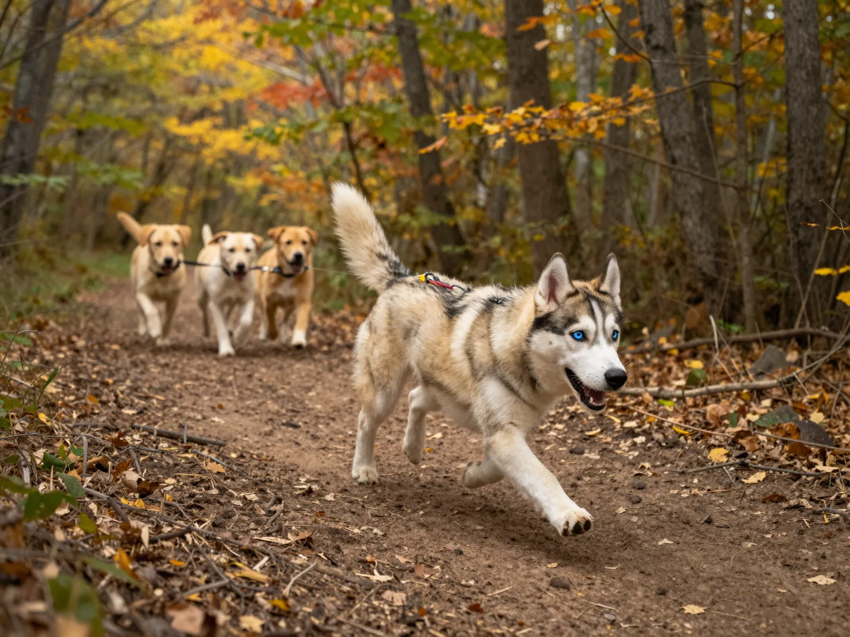 Energetic husky and yellow lab mix puppy running on hiking trail