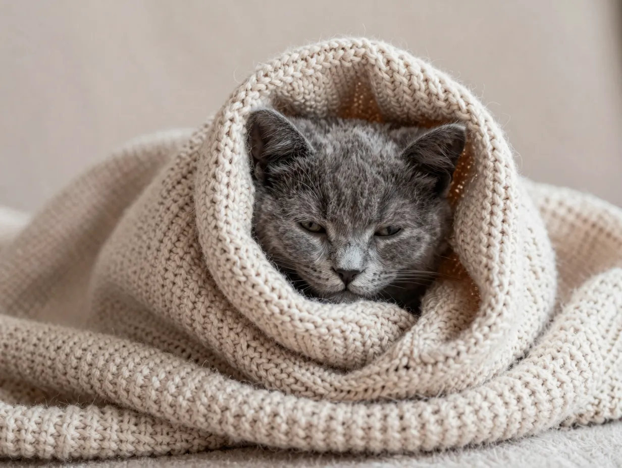 Grey kitten wrapped in knitted blanket cozy muted tones