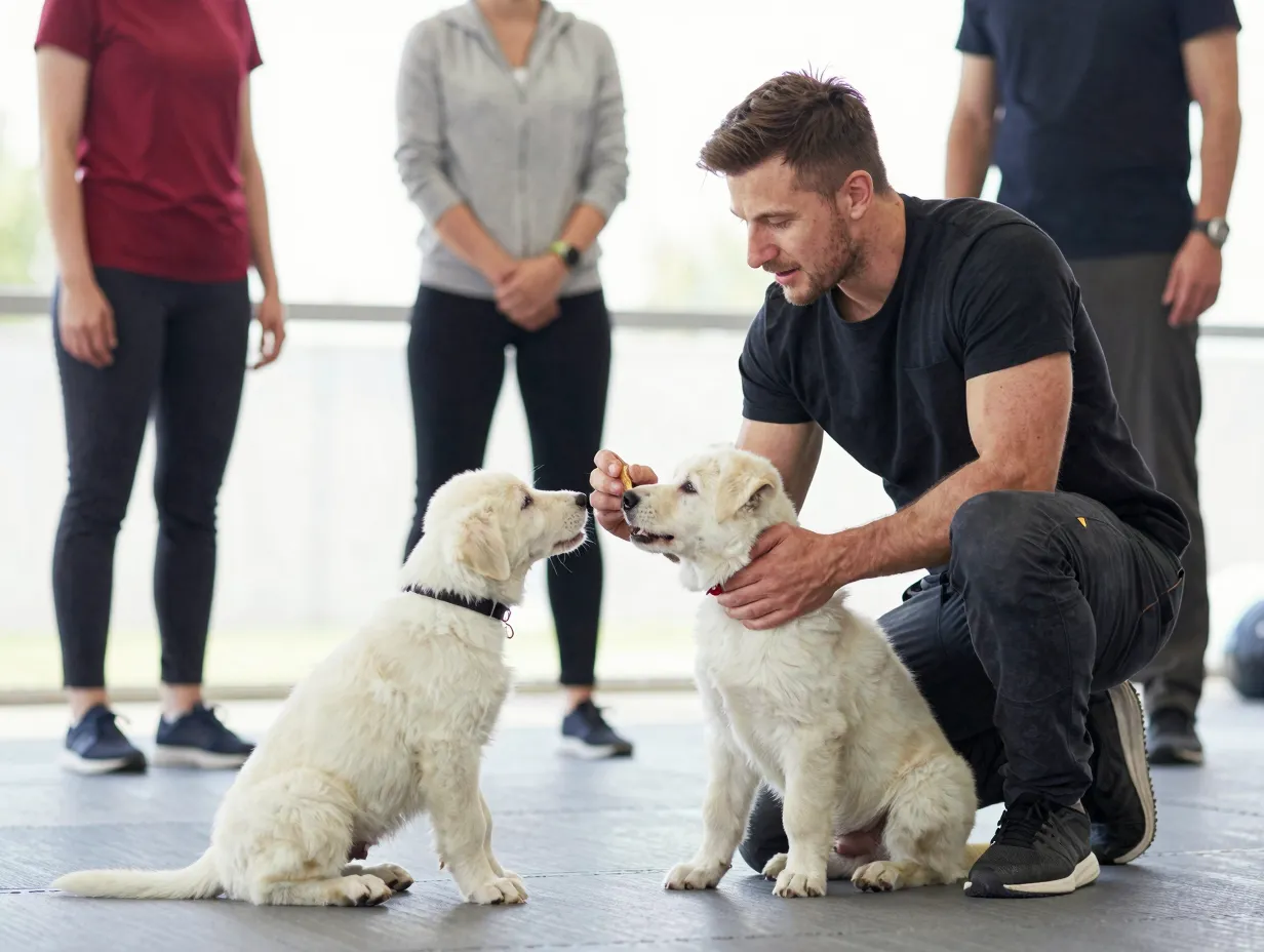 Professional trainer working with young caucasian shepherd puppy