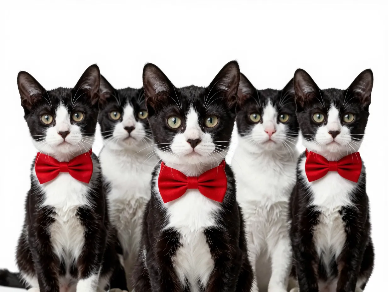 Black and white tuxedo kitten with red bow tie on white background