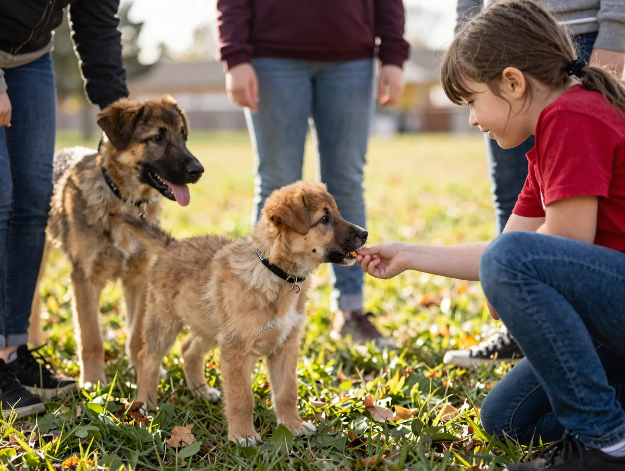 Caucasian shepherd puppy socialization with children and other dog
