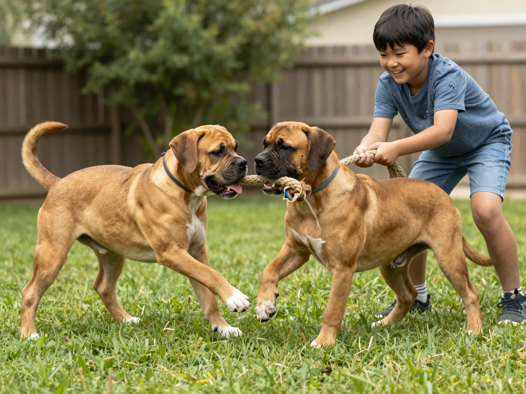 Muscular boxer and yellow lab puppy playing tug with child