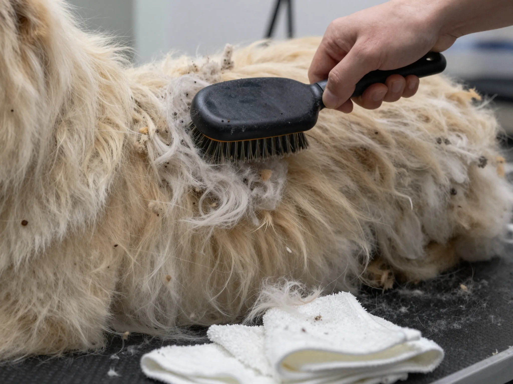 Daily grooming session with long haired caucasian shepherd dog