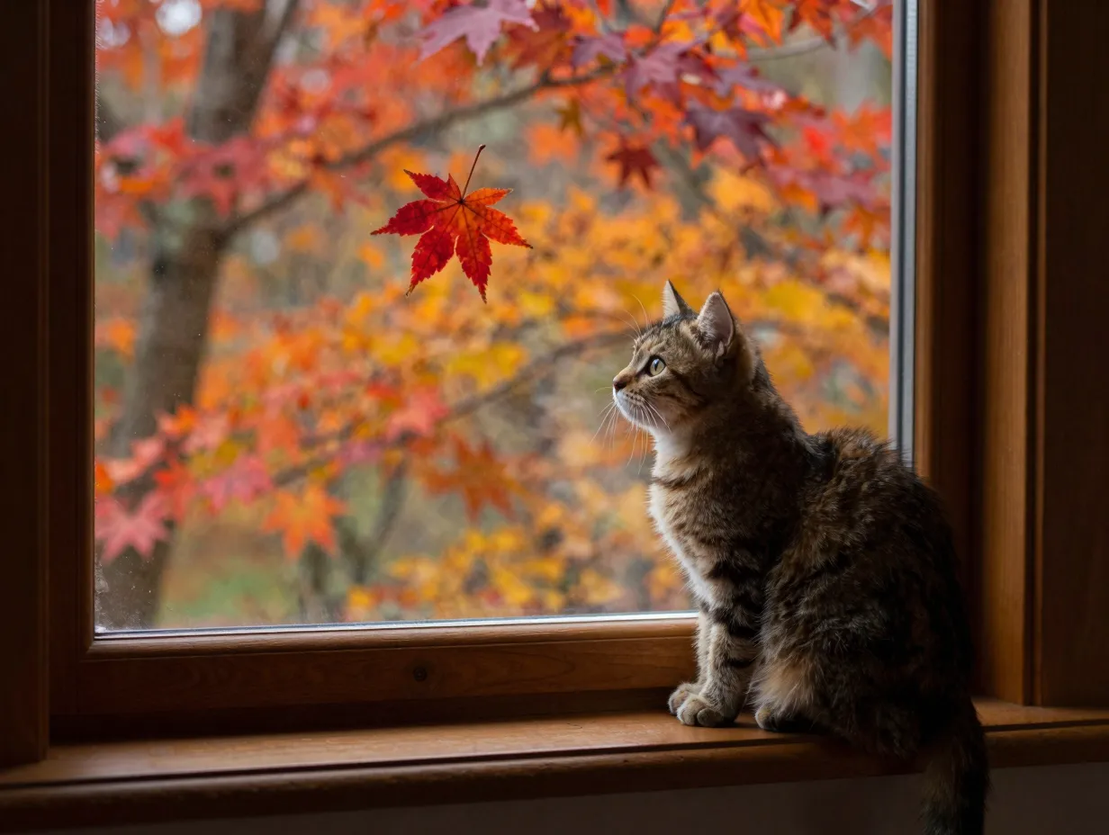 Kitten on windowsill watching red maple leaf autumn scene