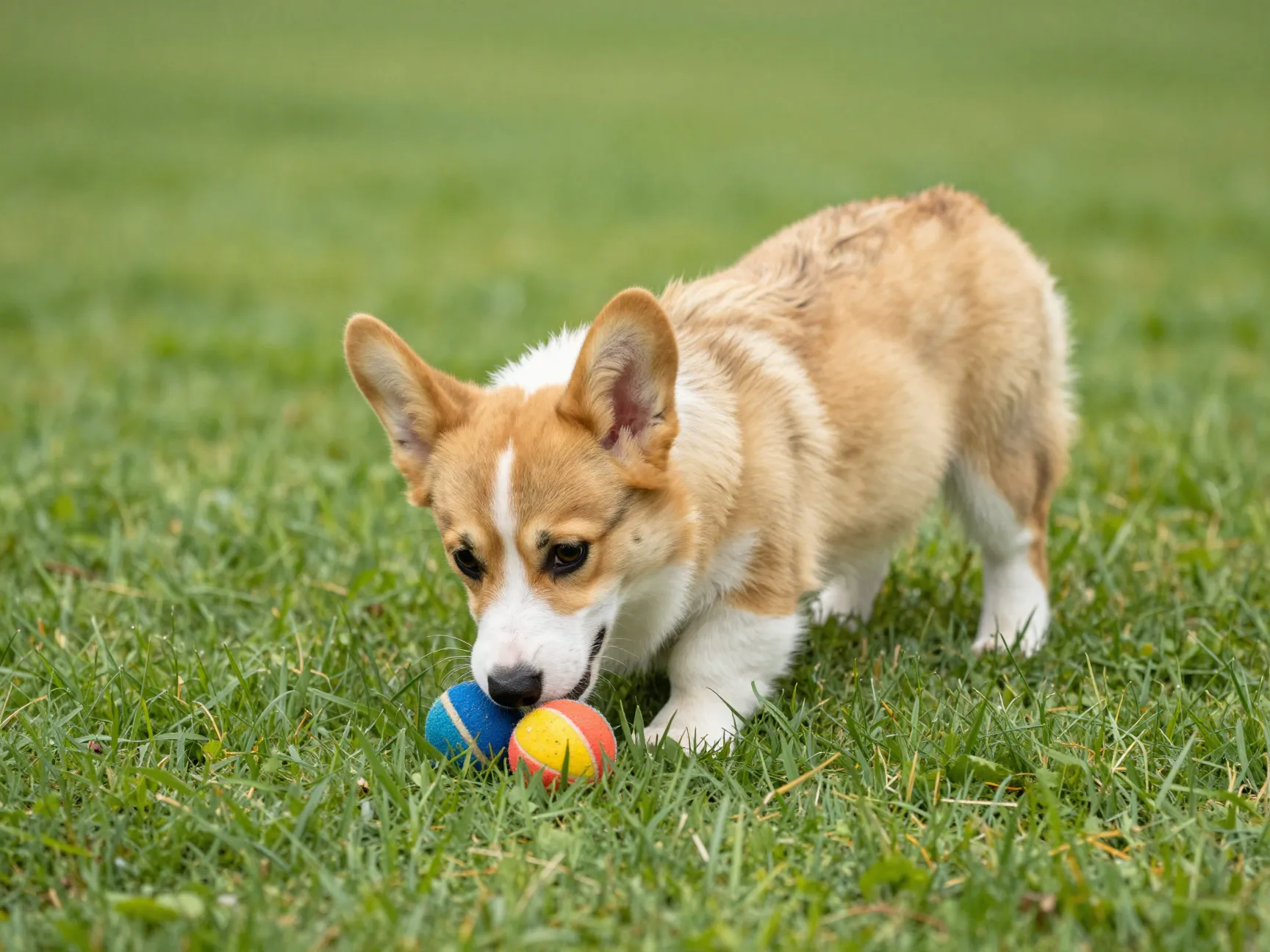 Short legged corgi and yellow lab mix puppy herding balls