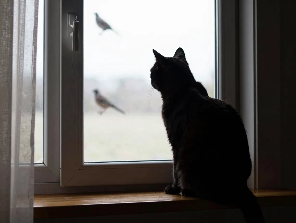A cat silhouette perched on a windowsill watching birds outside