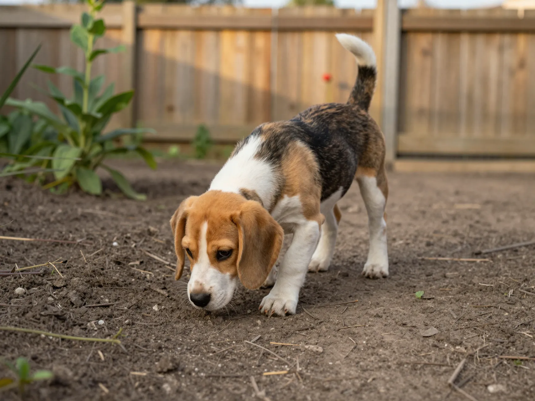 Beagle and yellow lab mix puppy sniffing trail in fenced yard