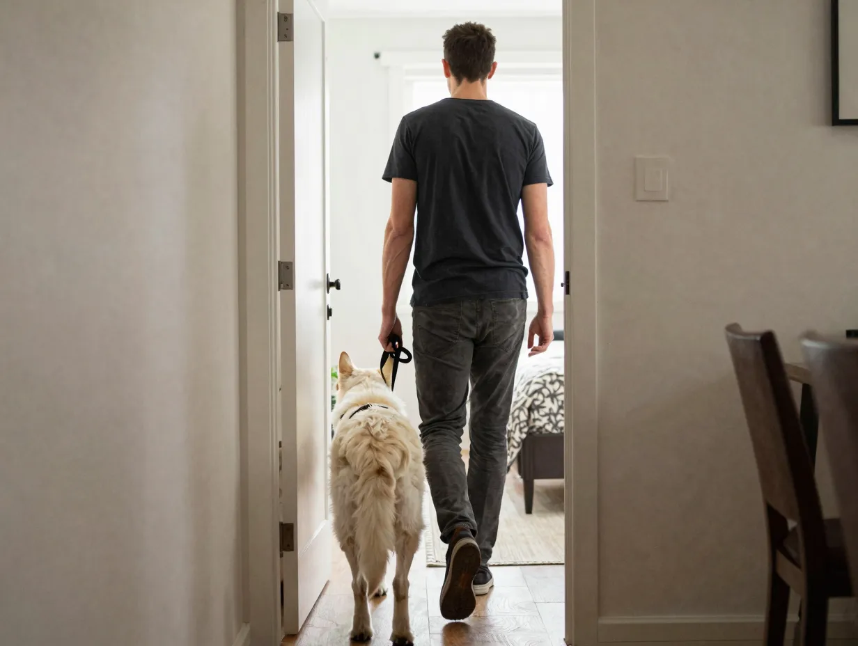 Confident owner leading caucasian shepherd dog through doorway