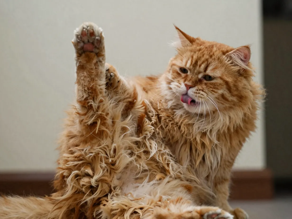A fluffy orange cat in an awkward mid groom leg extension pose