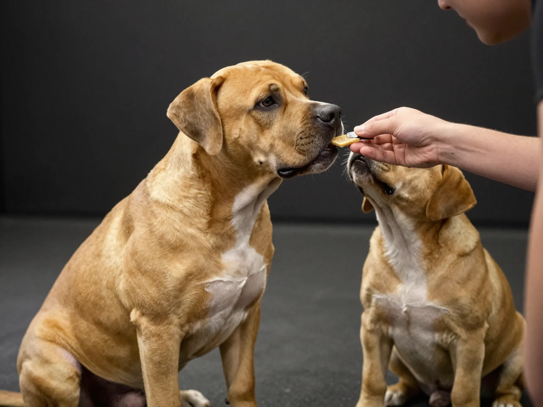 Powerful pit bull and yellow lab puppy in training with owner