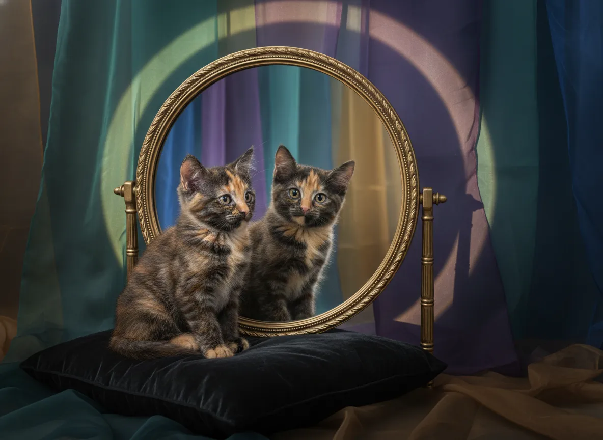 Tortoiseshell kitten and reflection in circular mirror studio lighting