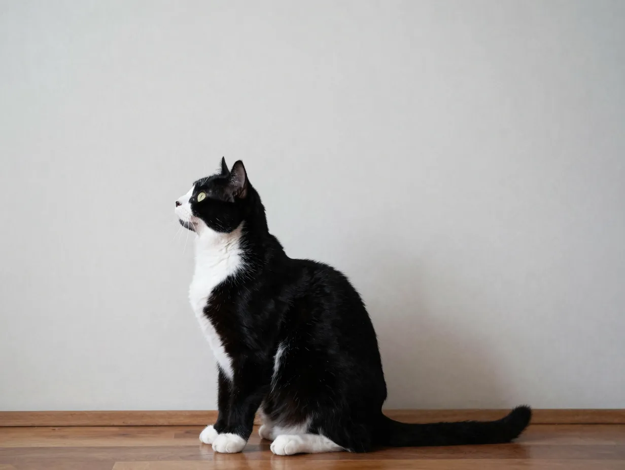 A tuxedo cat sitting still staring intently at a plain blank wall