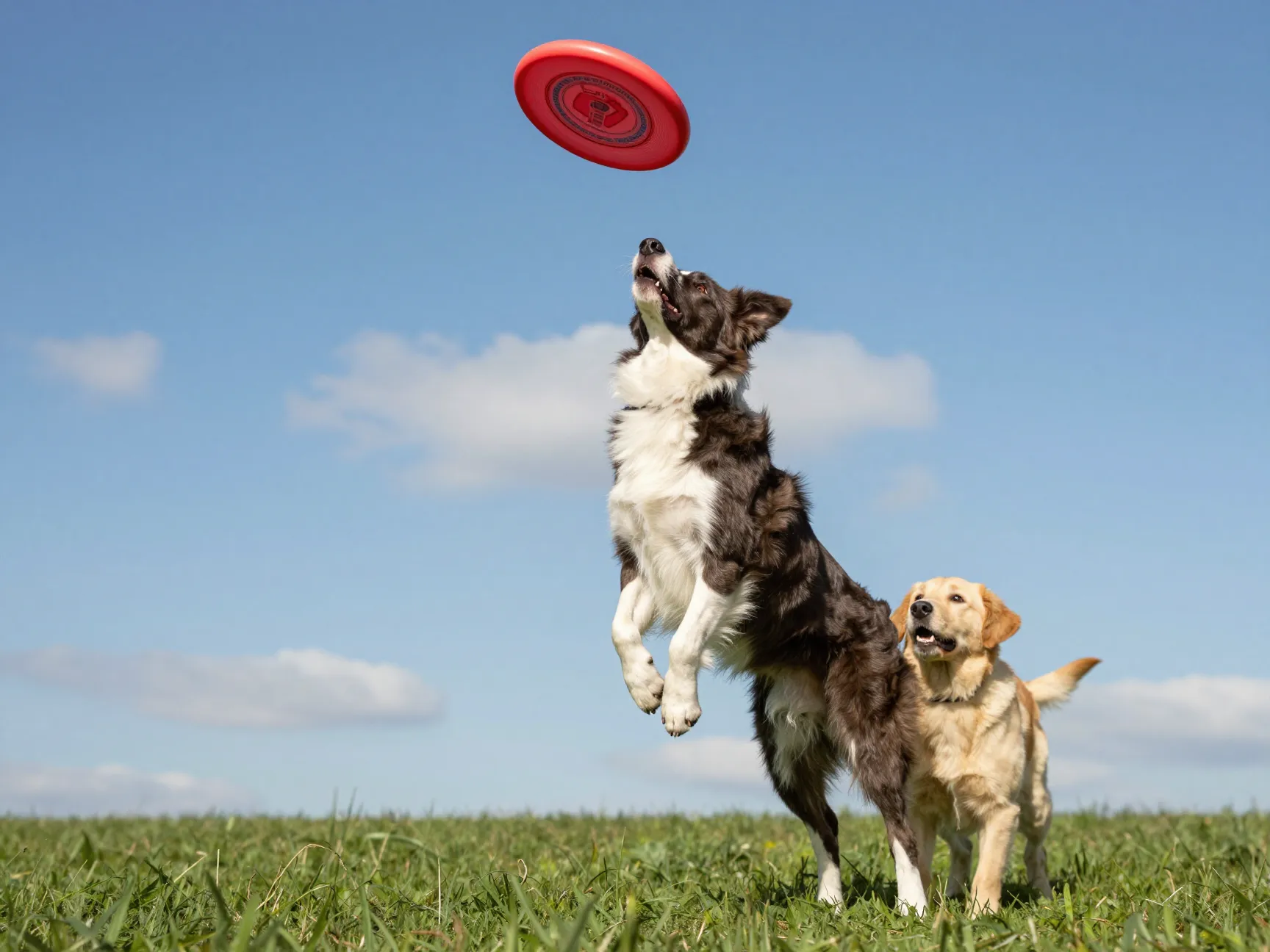 Intelligent border collie and yellow lab puppy catching frisbee mid air