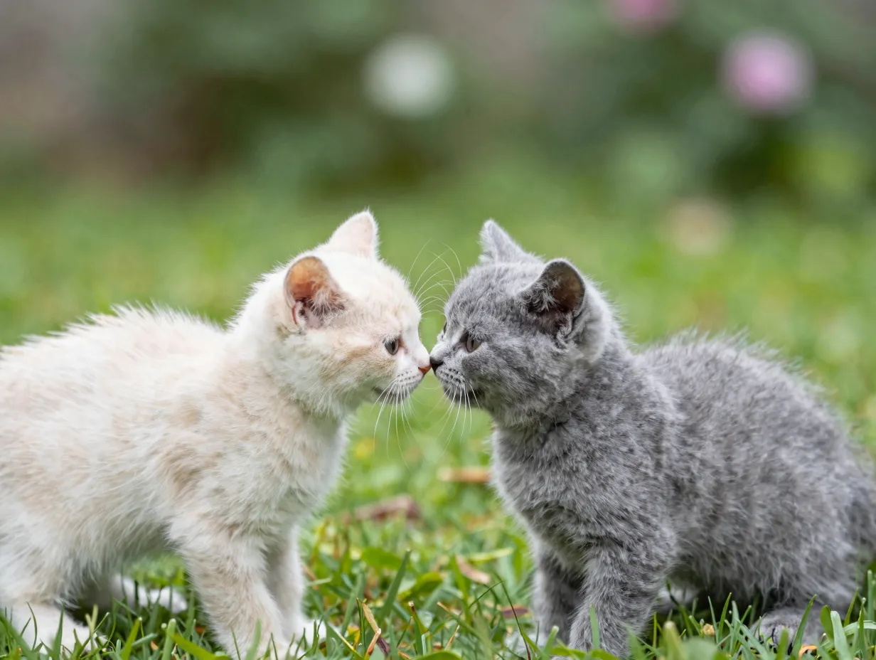 Two kittens cream and grey touching noses in green garden