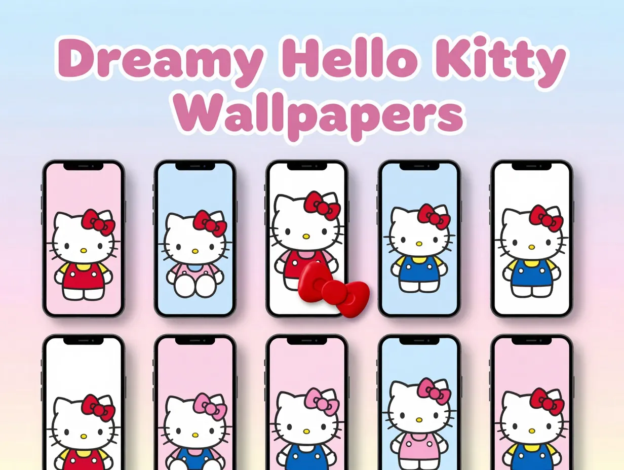 Nine hello kitty phone wallpaper screens grid pastel background