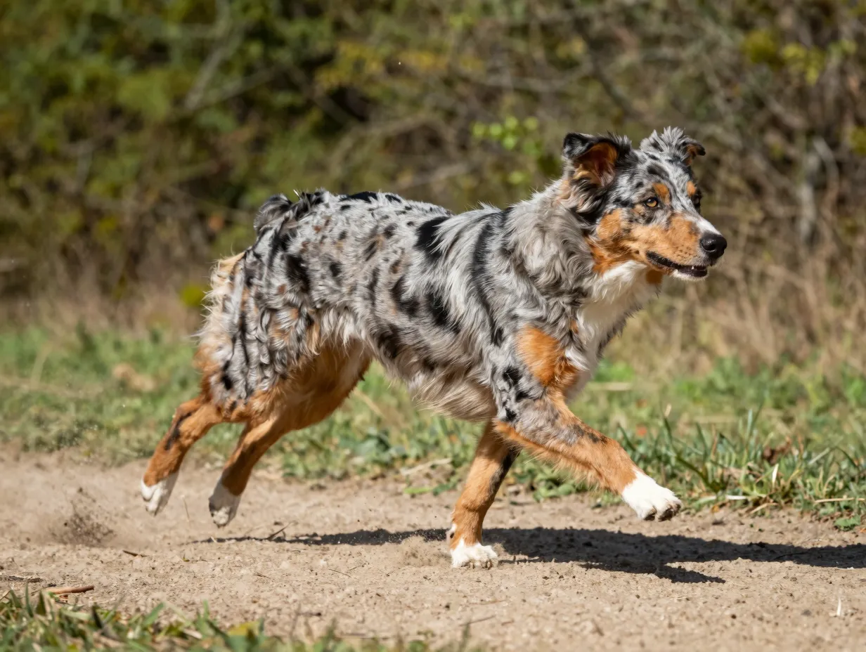 Compact athletic dog running on trail with muscular build