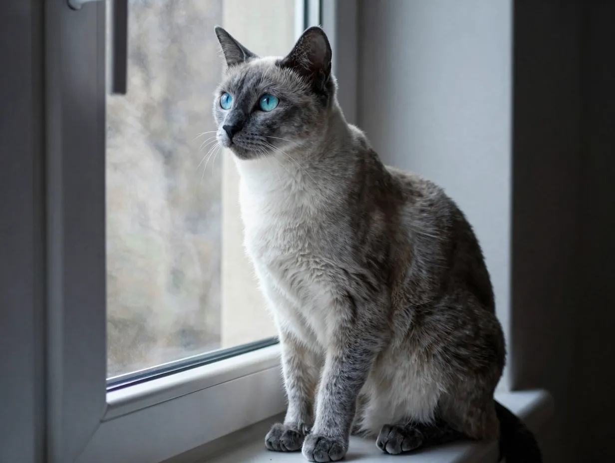 Elegant russian blue siamese mix cat on windowsill looking outside