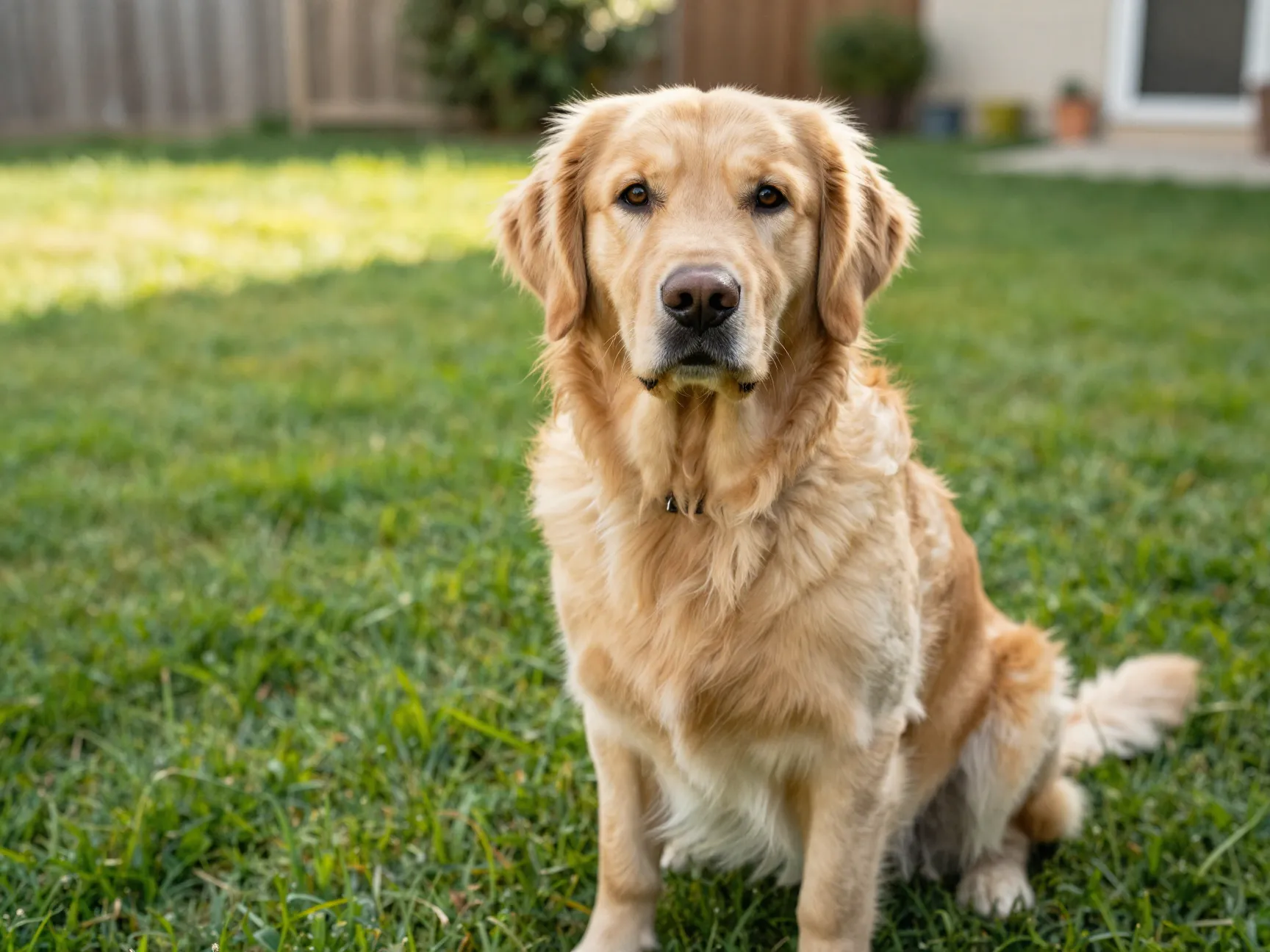 Golden retriever patient gentle family dog in suburban backyard