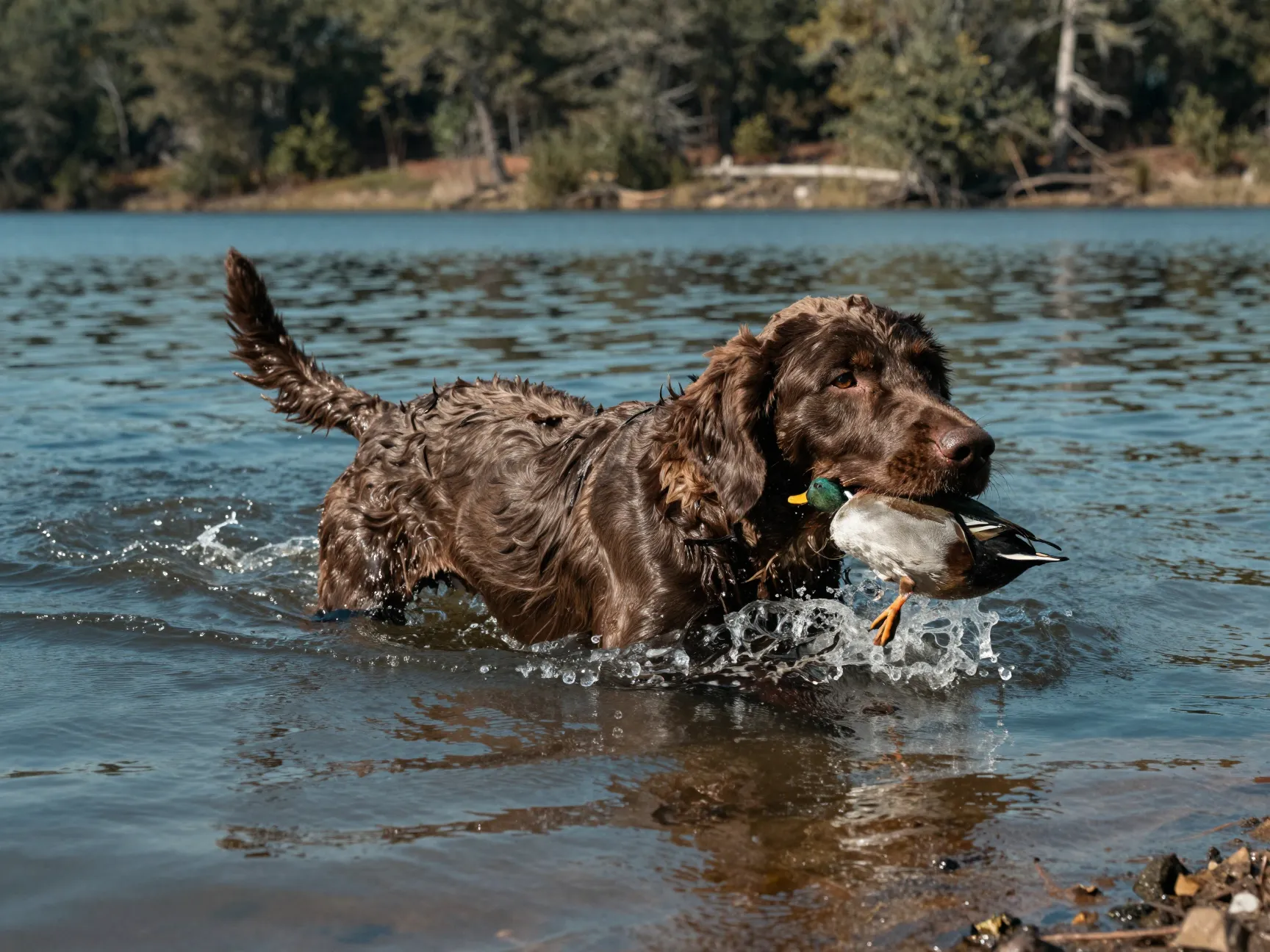 Chesapeake bay retriever swimming retrieves duck by lakeside