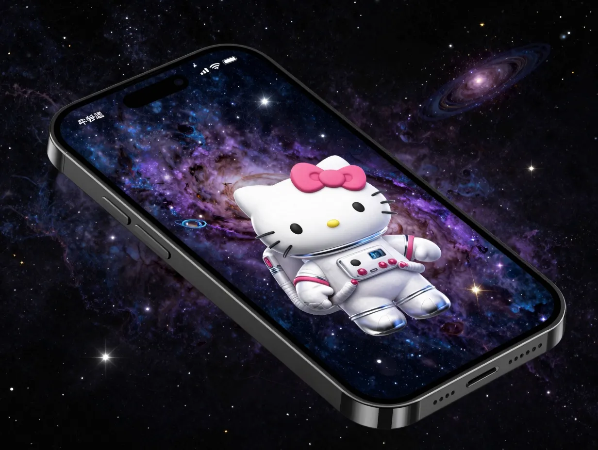 Hello kitty galaxy space astronaut floating among stars