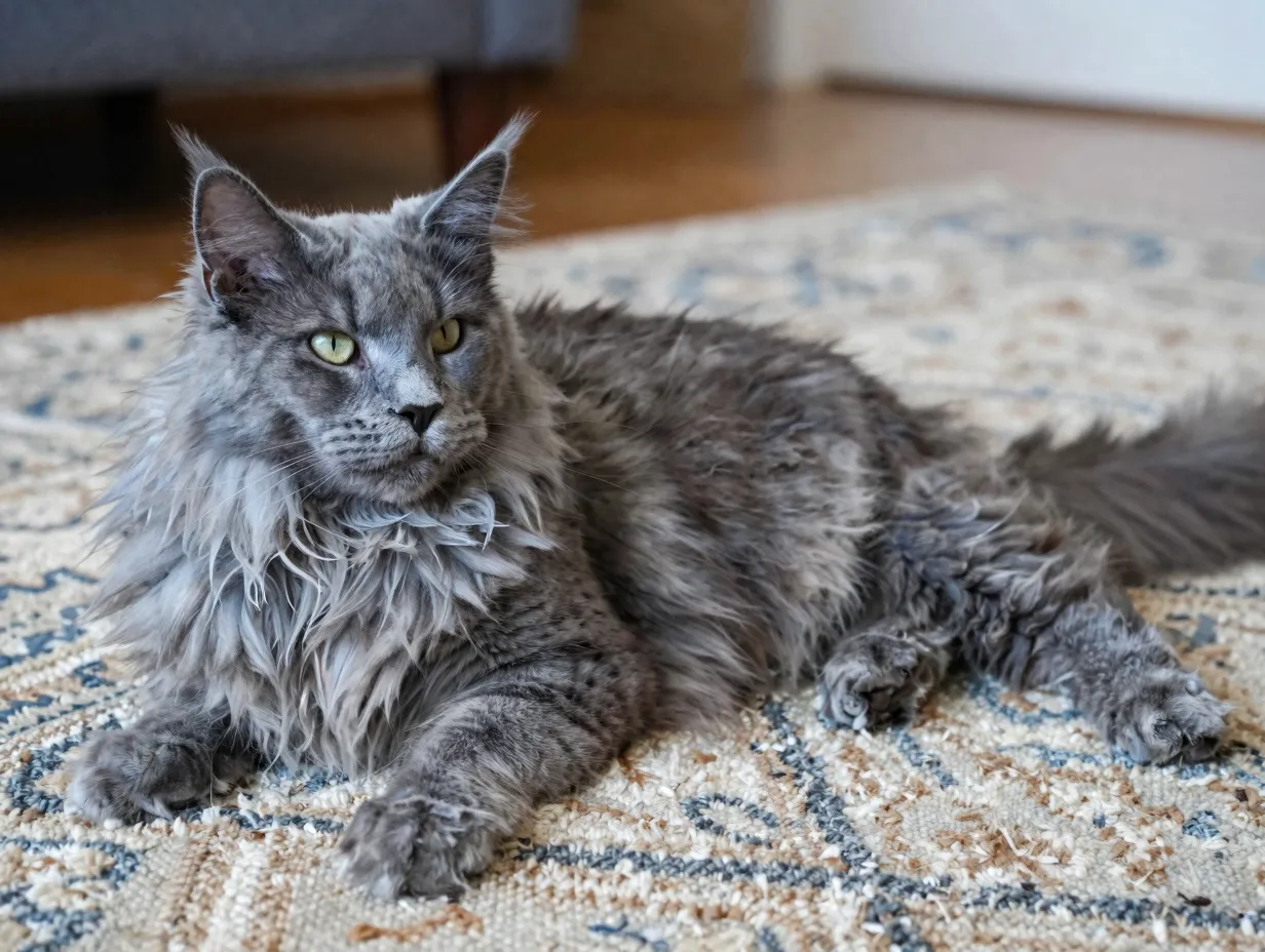 Large fluffy russian blue maine coon mix cat resting on a rug