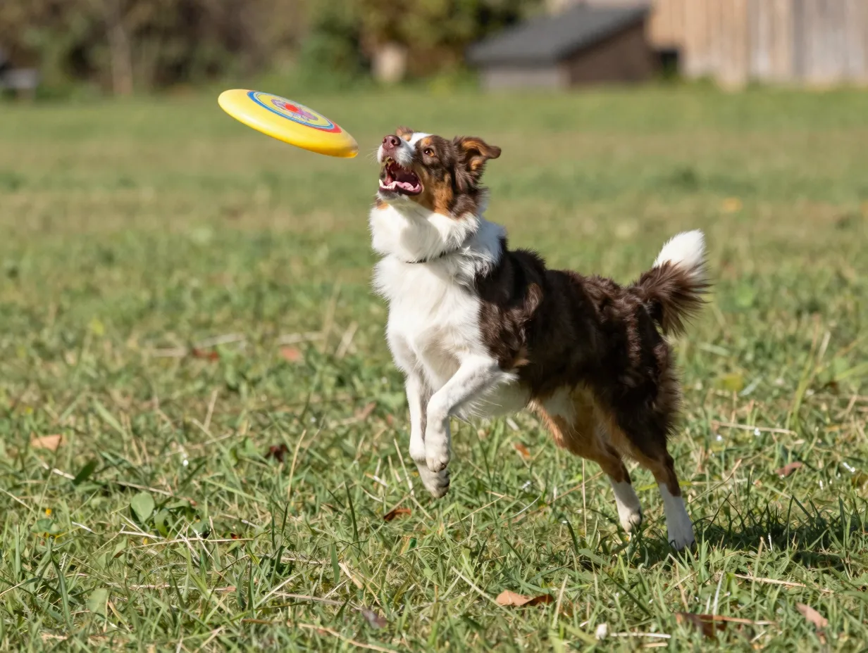 Miniature australian shepherd jumping for frisbee during high energy fetch