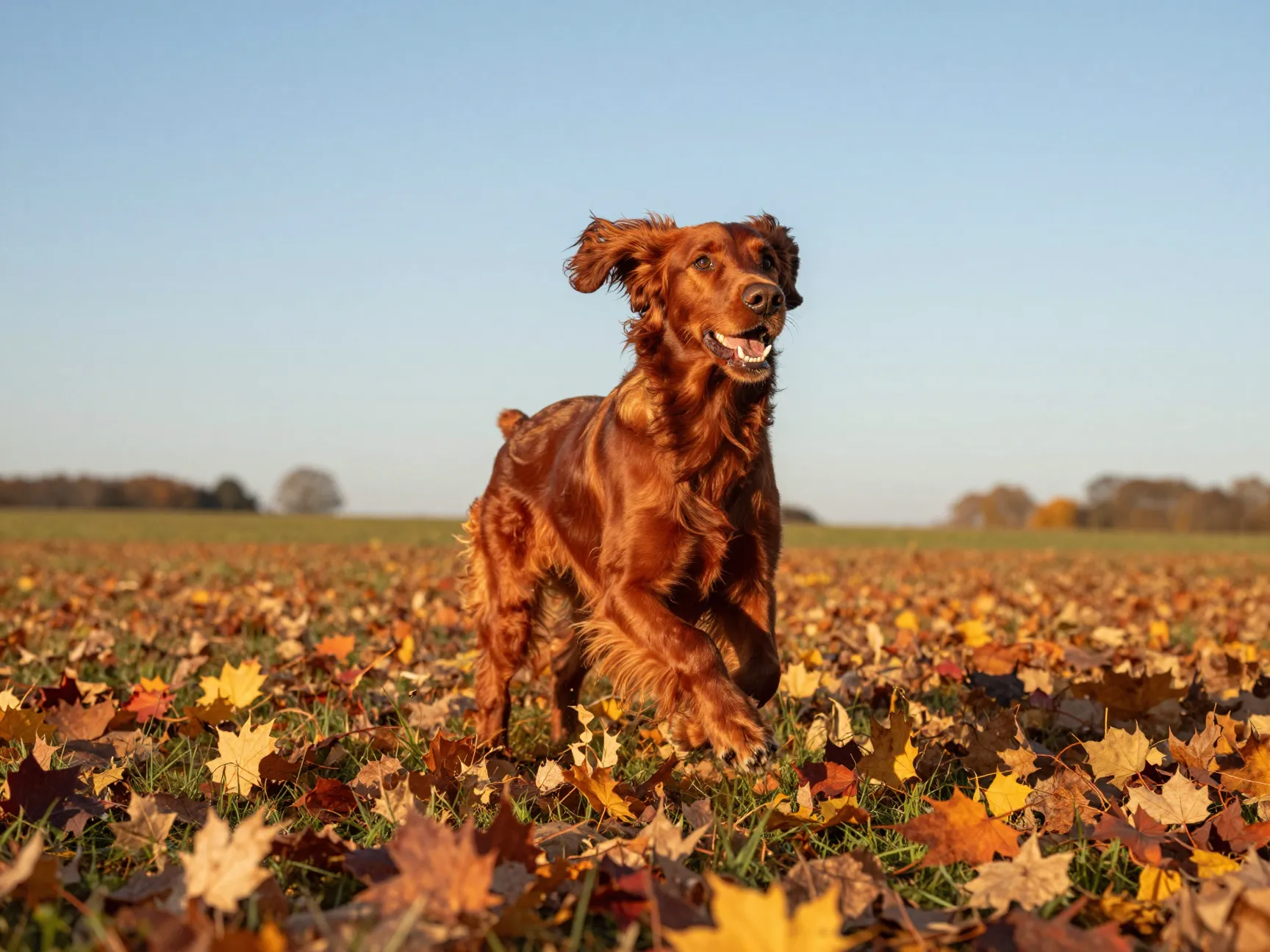 Irish setter playful energetic dog runs through autumn leaves