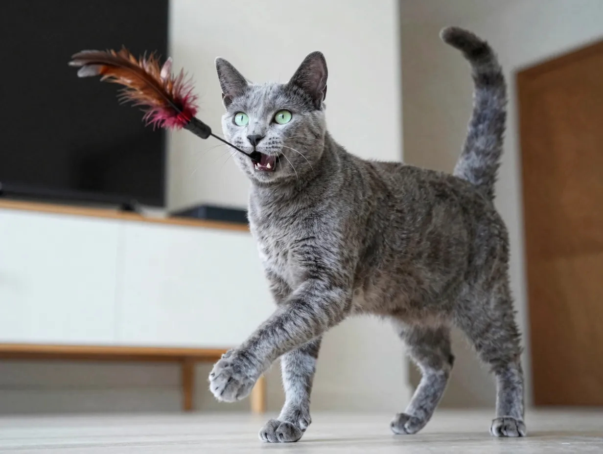 Muscular russian blue tabby mix cat playing with a feather toy