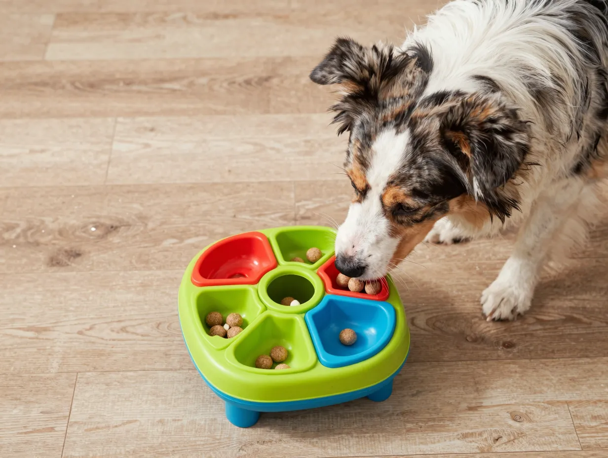 Dog engaged with treat puzzle feeder for mental stimulation